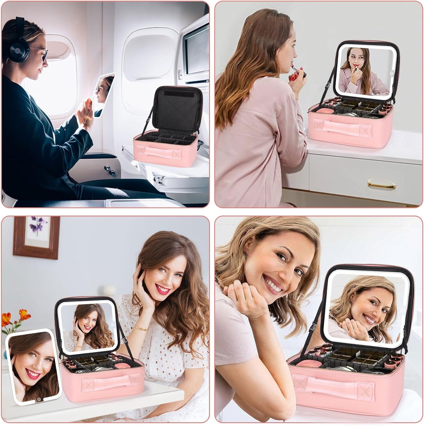 Travel Makeup Bag with LED Mirror, Cosmetic Makeup Organizer Bag with 3-Color Lighting, Adjustable Brightness, and Removable Dividers, Waterproof Makeup Case Pink