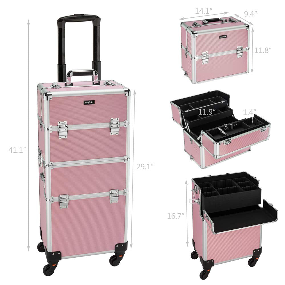 2 in 1 Rolling Makeup Train Case, Makeup Travel Organizer Cosmetic Case, Aluminum Cosmetology Display Suitcase on Wheels, Beauty Storage Luggage Lockable W/4 Removable Wheels (Pink)