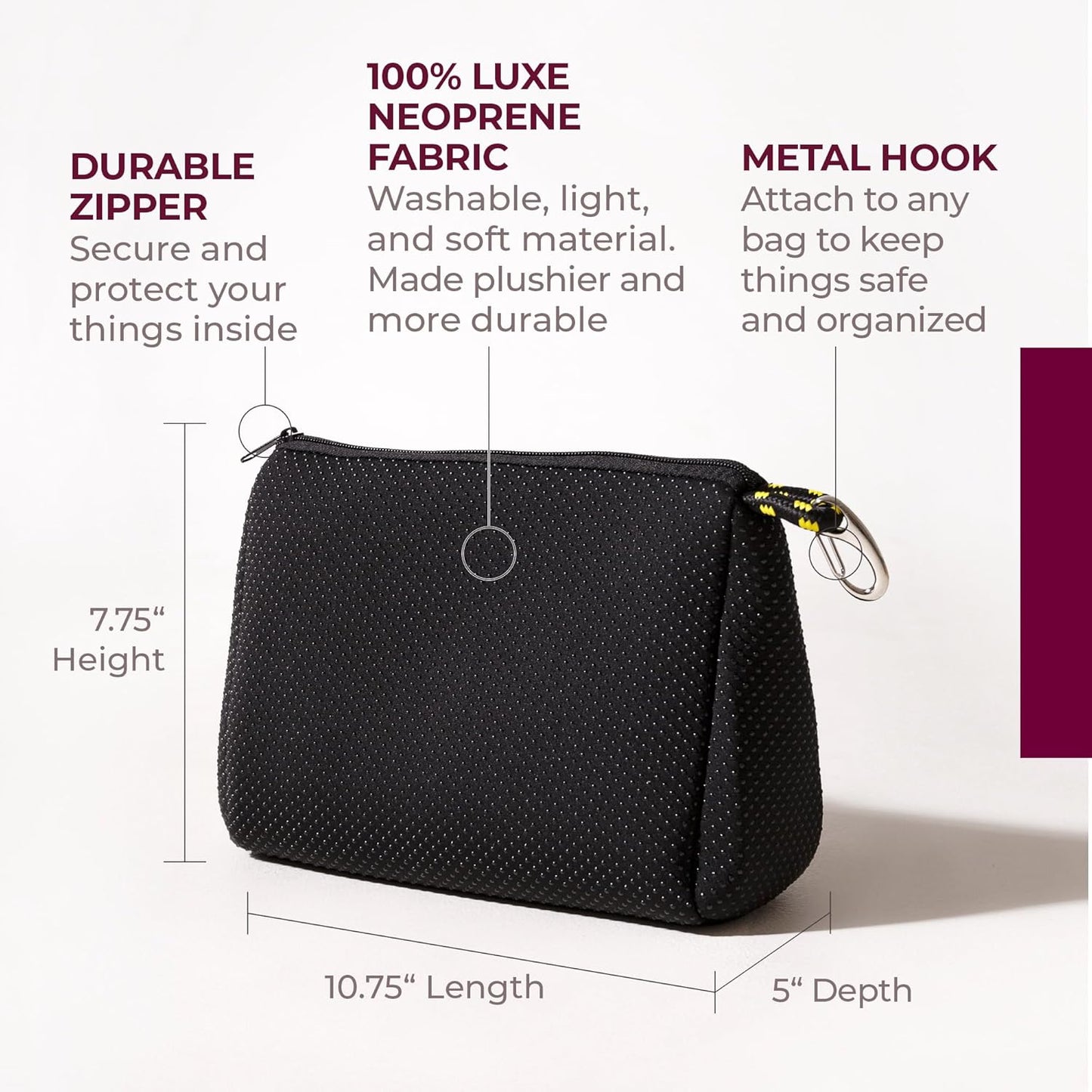 Large Makeup Bag with Zipper, Black - Waterproof Neoprene Cosmetic Bag 7.7 X 10.75 X 5 Inches