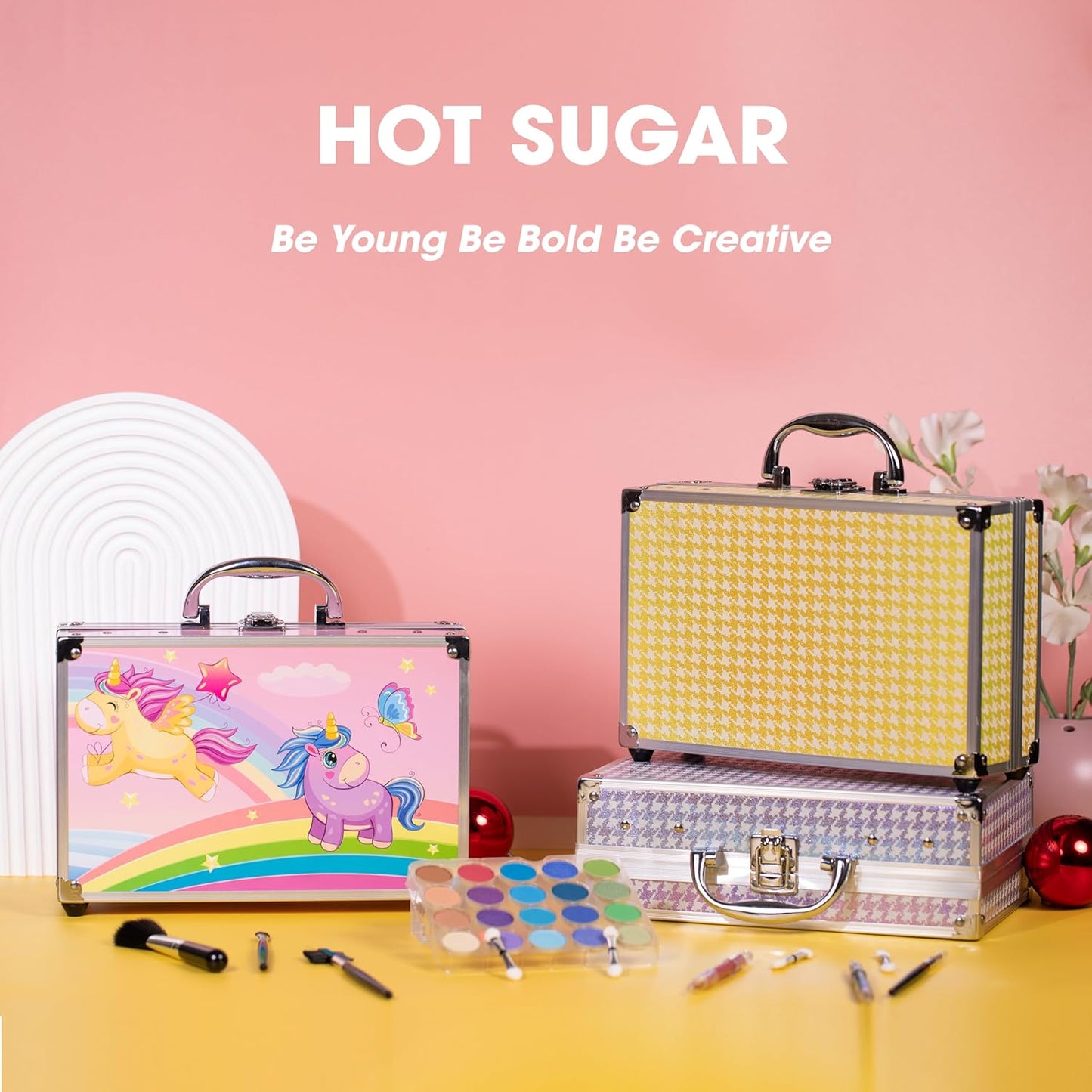 Makeup Kit for Girls 10-12, Girls Makeup Set Ages 8-12, 14-16 with Aluminum Cosmetic Box (YELLOW HOUNDSTOOTH)