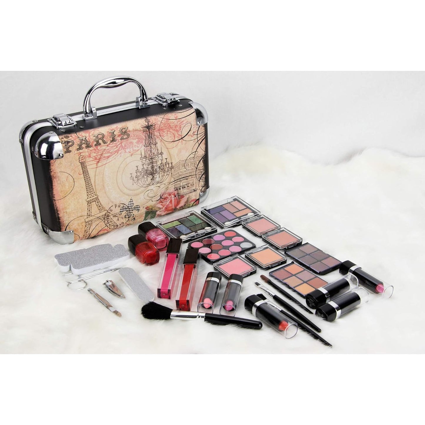 61Pcs Makeup Gift Set with Extendable Trays and Mirror, Paris Theme