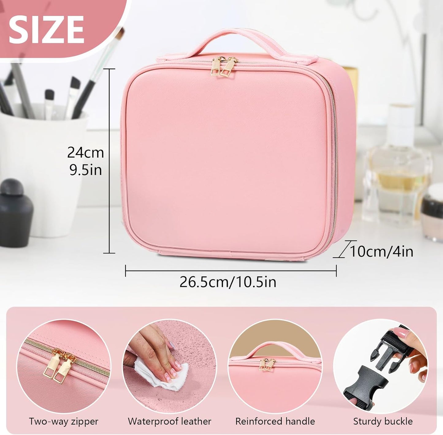Travel Makeup Bag with LED Mirror, Cosmetic Train Case with Light up Mirror, Portable Makeup Artist Organizer Bag with Adjustable Dividers, Makeup Brush Holder Storage