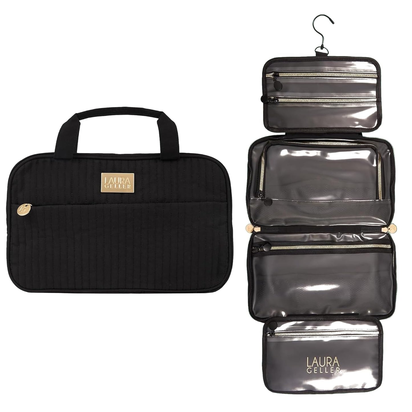 Quilted Folding Travel Makeup Bag, Black - Hanging Toiletry Bag Organizer for Travel - Large Capacity Full Size Makeup Bag - Easy to Clean