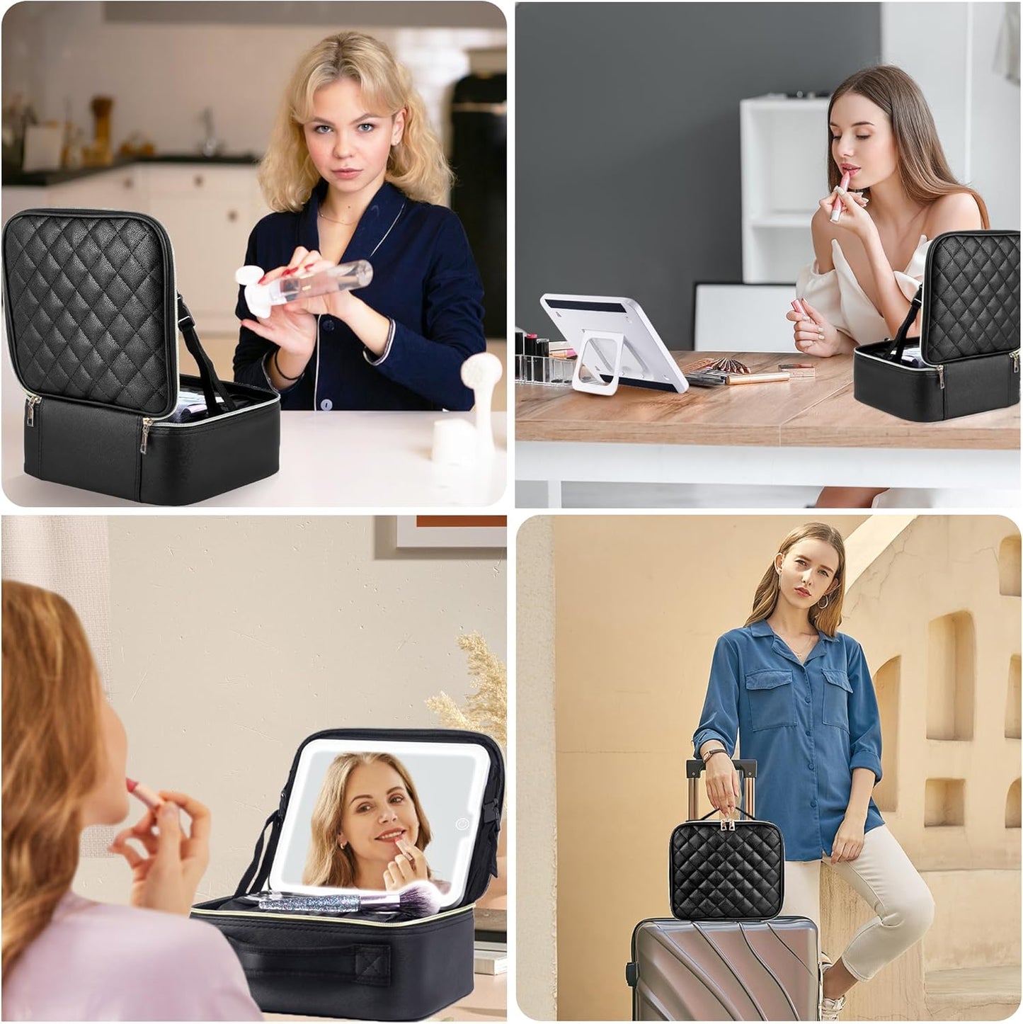 Travel Makeup Bag Cosmetic Bag Makeup Organizer Bag with Lighted Mirror, Adjustable Brightness in 3 Color Scenarios, Waterproof Makeup Train Case, Gift for Women, Black