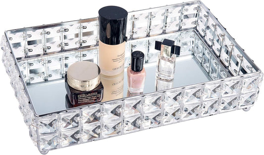 Crystal Cosmetic Decorative Vanity Tray Jewelry Trinket Perfume Bottles Storage Organizer with Real Glass Surface for Dresser Table Home Deco12Inch (Silver)