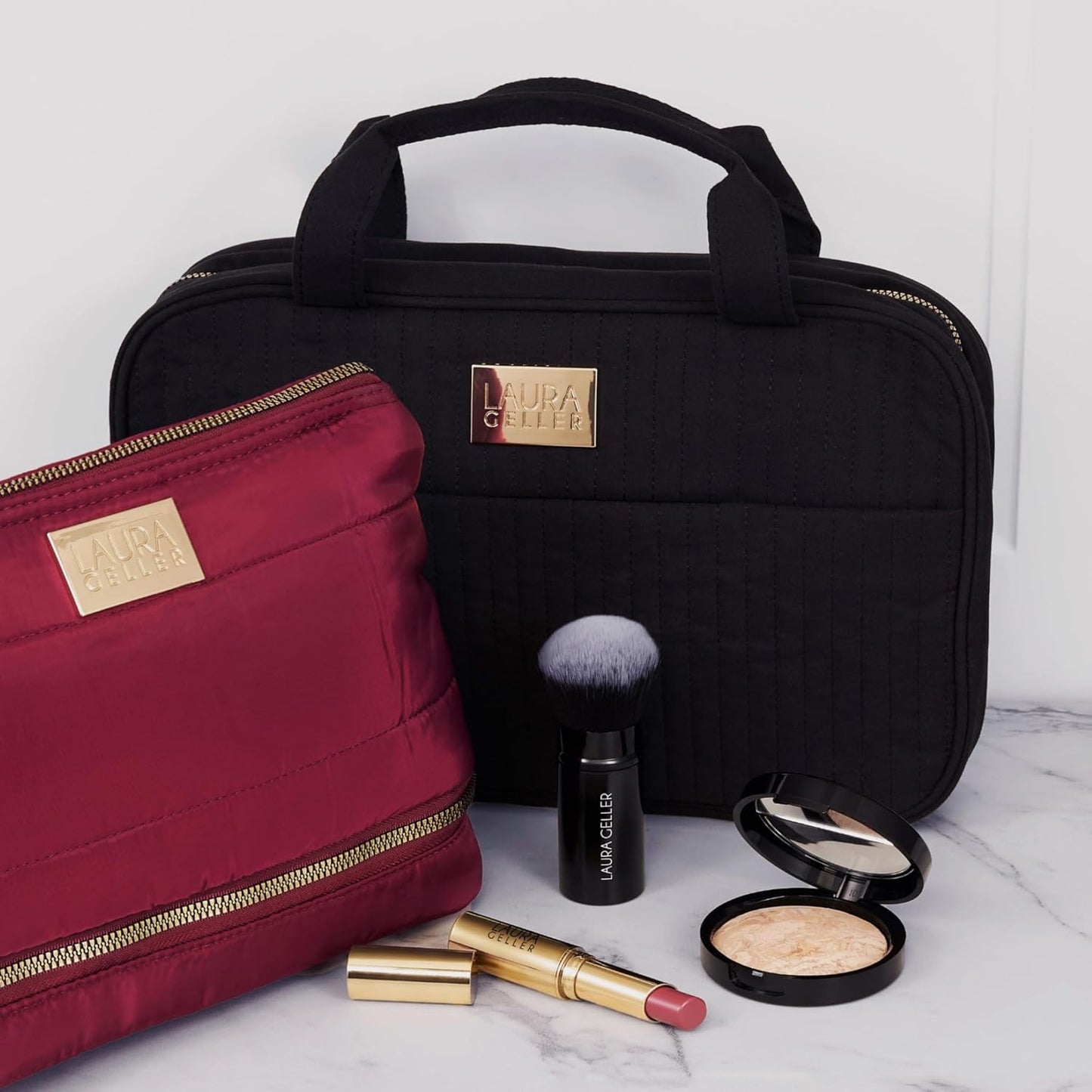 Quilted Folding Travel Makeup Bag, Black - Hanging Toiletry Bag Organizer for Travel - Large Capacity Full Size Makeup Bag - Easy to Clean