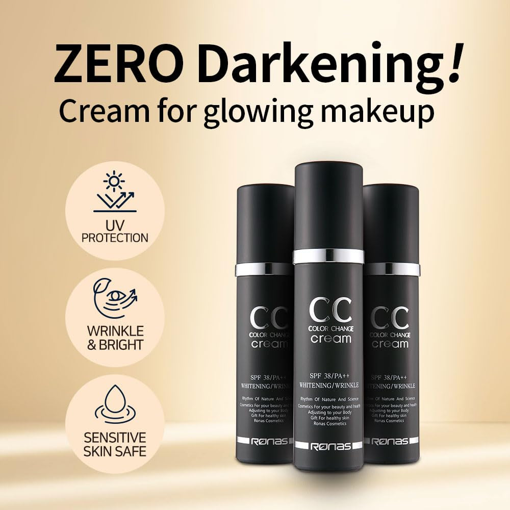 CC Color Change Cream SPF38 PA+++ UV Protection Sunscreen Foundation Makeup Base Korean Aesthetic Cosmetics 1.69 Fl Oz