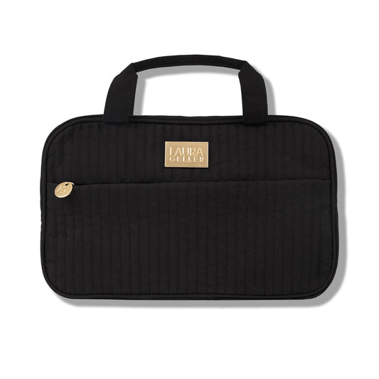 Quilted Folding Travel Makeup Bag, Black - Hanging Toiletry Bag Organizer for Travel - Large Capacity Full Size Makeup Bag - Easy to Clean