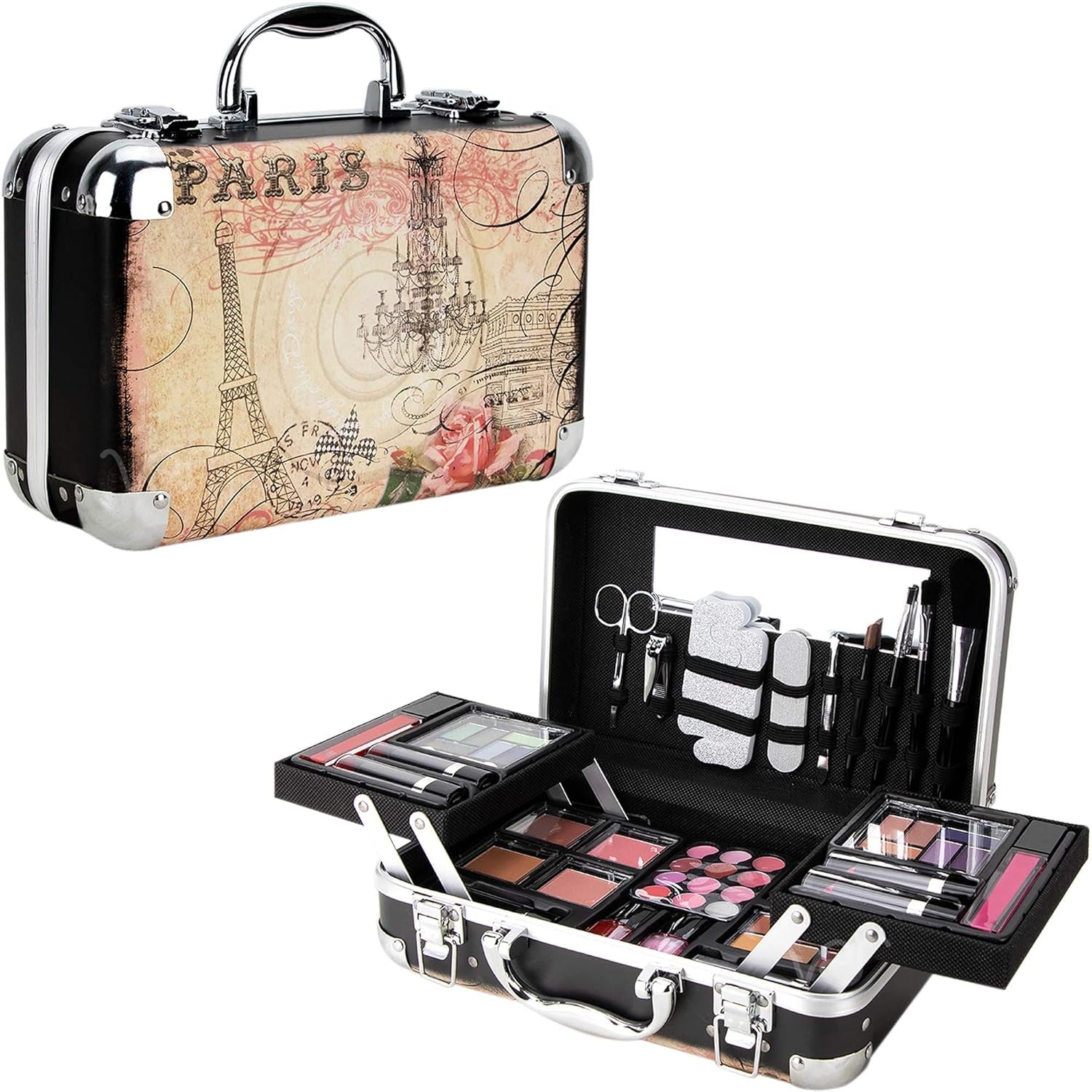 61Pcs Makeup Gift Set with Extendable Trays and Mirror, Paris Theme