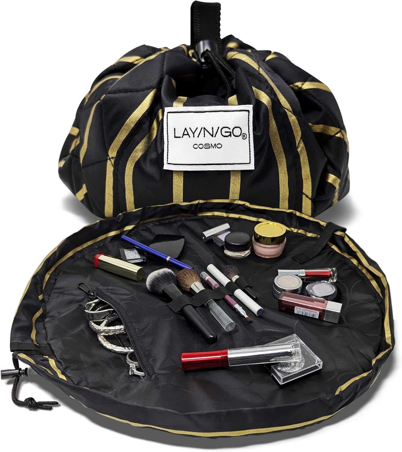 Cosmo Drawstring Cosmetic & Makeup Bag Organizer - Portable Drawstring Makeup Bag W/Zipper Pocket, Makeup Loops & More - Durable, Machine Washable Makeup Bag for Travel (20”, Black & Gold)