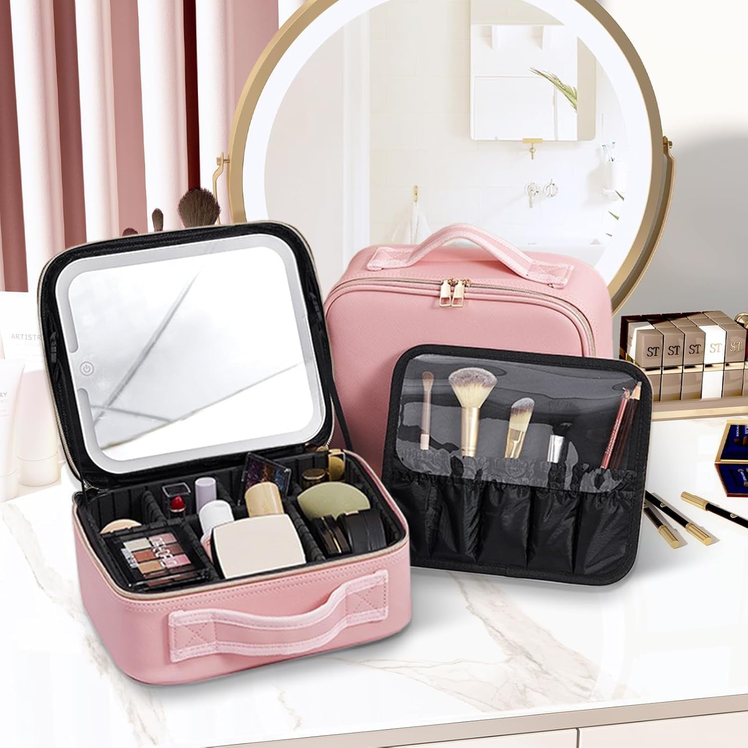 Travel Makeup Bag with LED Mirror, Cosmetic Train Case with Light up Mirror, Portable Makeup Artist Organizer Bag with Adjustable Dividers, Makeup Brush Holder Storage