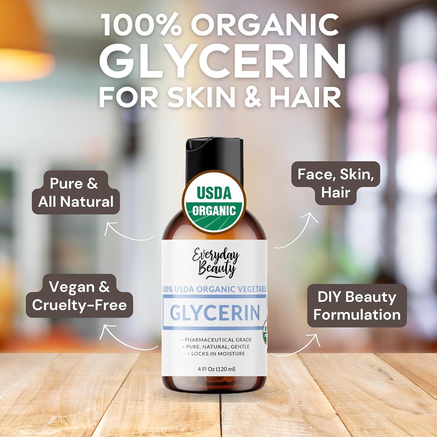 100% Organic Glycerin - for Skin & Hair - Food Grade - USDA Certified - Not from Palm Oil - Perfect Skin and Hair Moisturizer - 4 Fl Oz