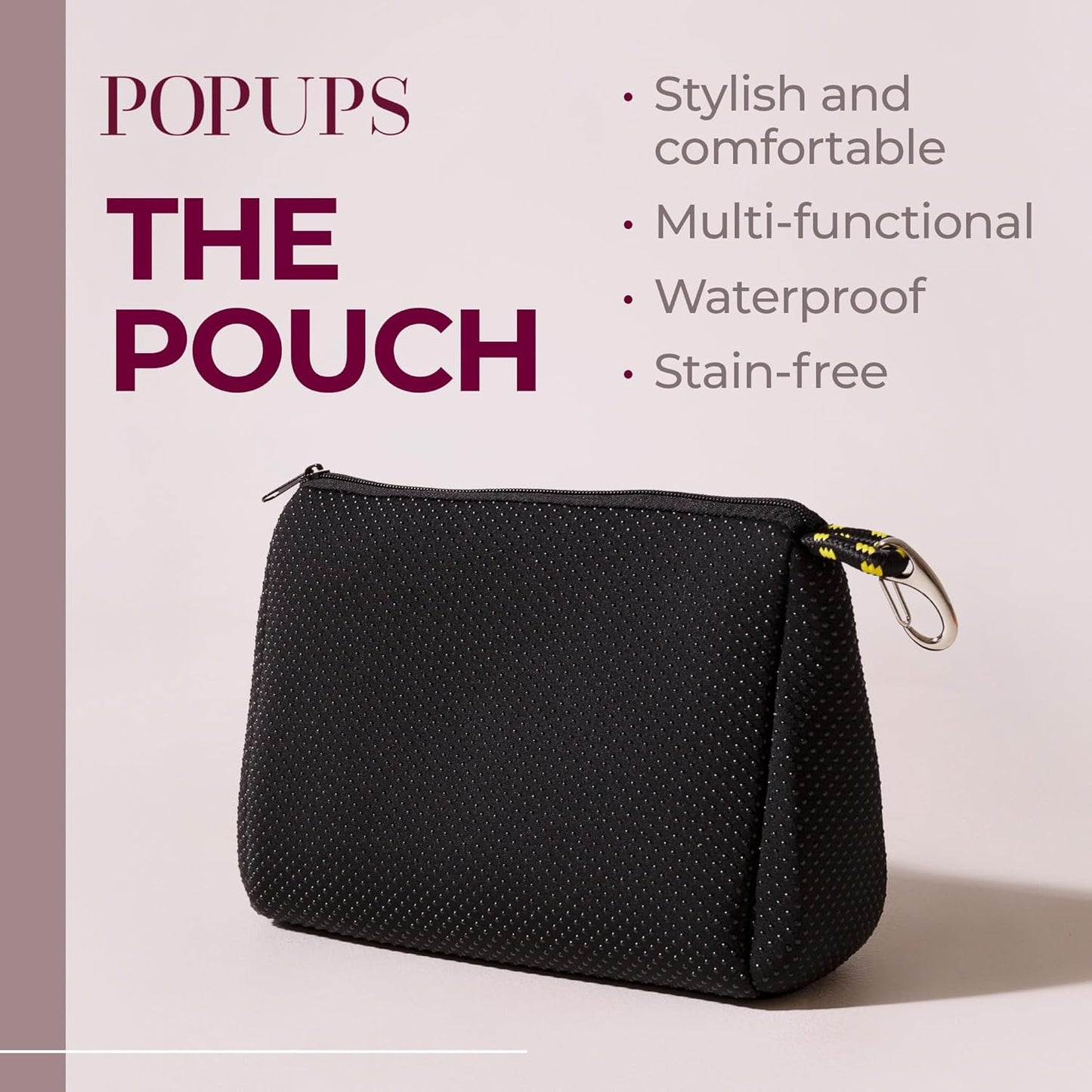 Large Makeup Bag with Zipper, Black - Waterproof Neoprene Cosmetic Bag 7.7 X 10.75 X 5 Inches