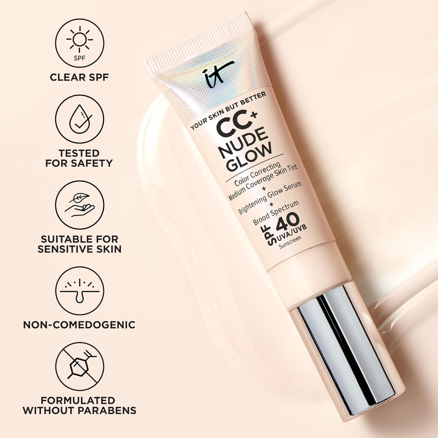 CC+ Nude Glow Lightweight Foundation + Glow Serum with SPF 40 - with Niacinamide, Hyaluronic Acid & Green Tea Extract - 1.08 Fl Oz
