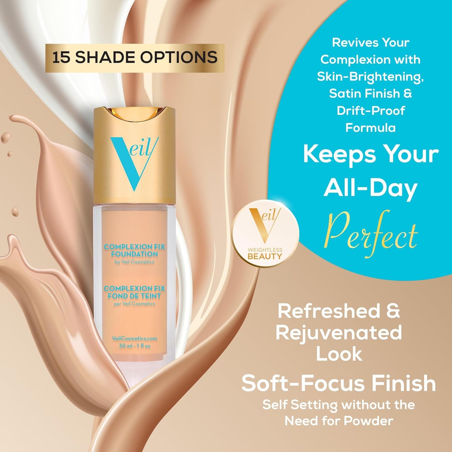 Complexion Fix Liquid Foundation – Buildable Coverage – Water-Resistant, Hypoallergenic, Oil-Free, Cruelty-Free & Vegan – Lightweight & Brightening – Long Lasting (3N Medium Neutral)