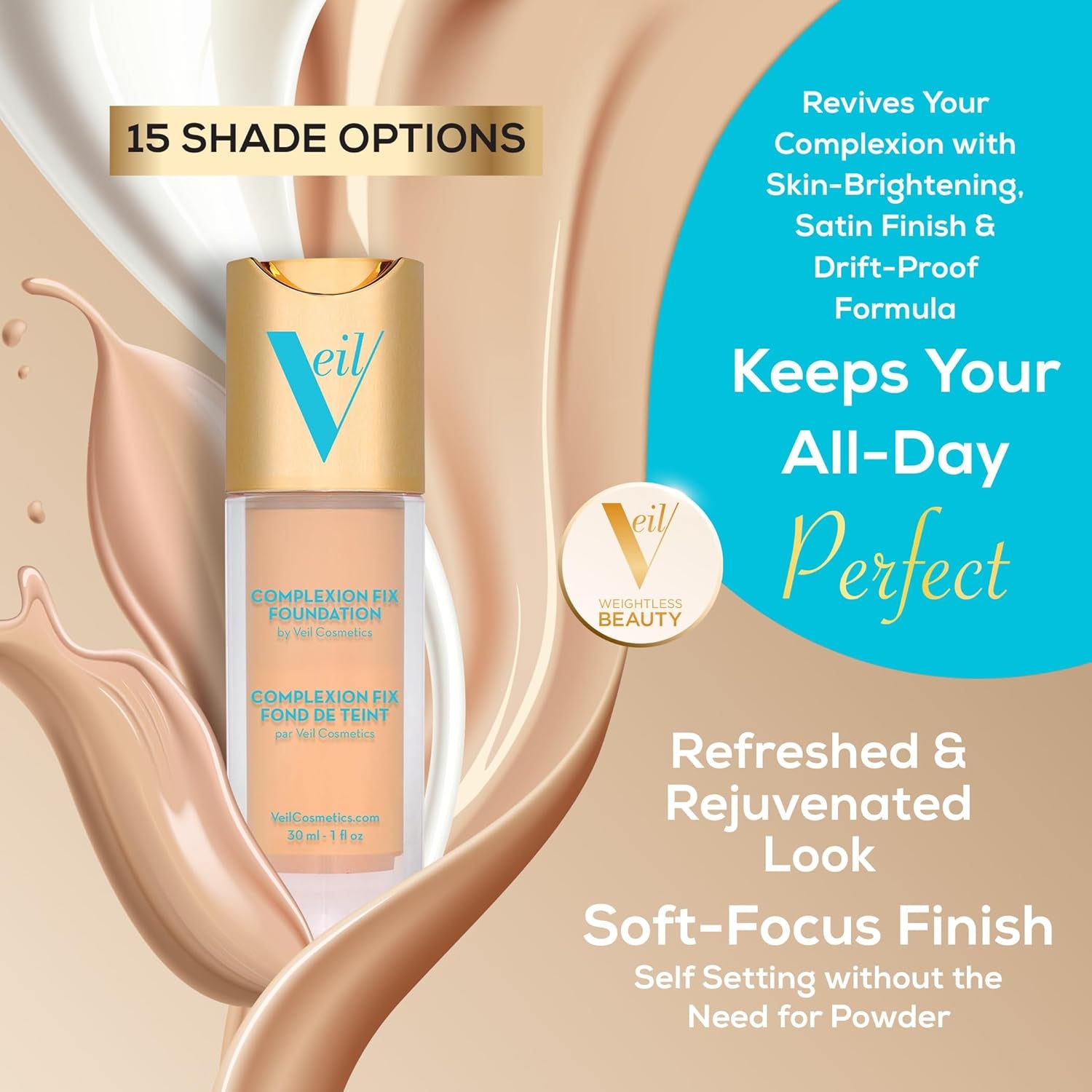 Complexion Fix Liquid Foundation – Buildable Coverage – Water-Resistant, Hypoallergenic, Oil-Free, Cruelty-Free & Vegan – Lightweight & Brightening – Long Lasting (3N Medium Neutral)