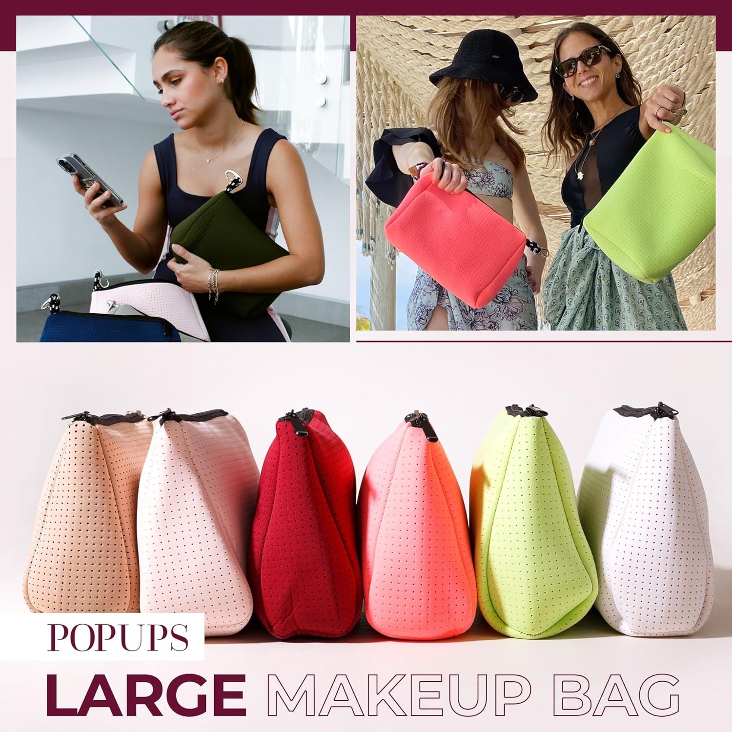 Large Makeup Bag with Zipper, Black - Waterproof Neoprene Cosmetic Bag 7.7 X 10.75 X 5 Inches