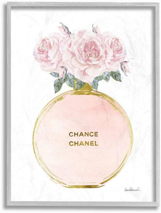 Pink and Gold round Perfume Bottle with Roses Grey Framed Wall Art, 16 X 20, Design by Artist Amanda Greenwood