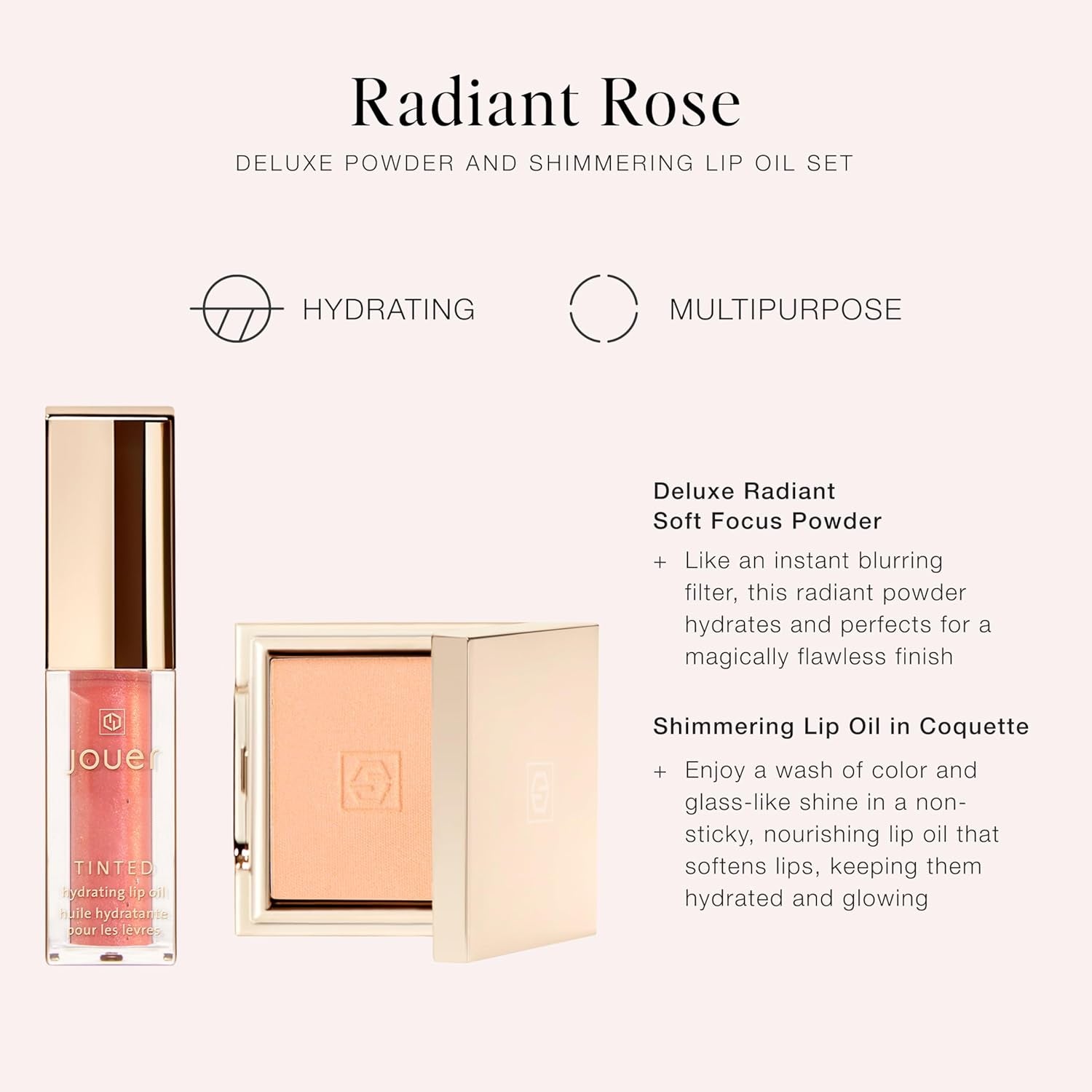 Radiant Rose Face + Lip Set, Translucent Setting Powder & Shimmer Lip Oil - Blurring Powder - Hydrating Lip Oil - Set Face Makeup