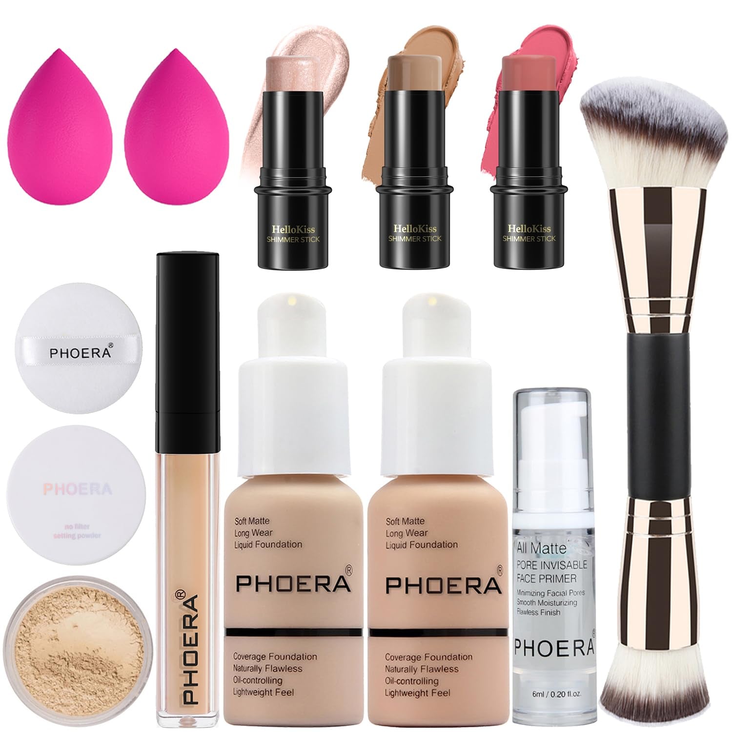 PHOERA Foundation,3 PCS Contour Stick Makeup Kit, Shades with Highlighter Stick, Blush Stick and Bronzer Contour Stick for Sculpt the Cheeks (102+103+ Fair-Light Contour/Nude + Warm Peach+#03,#09,#12)