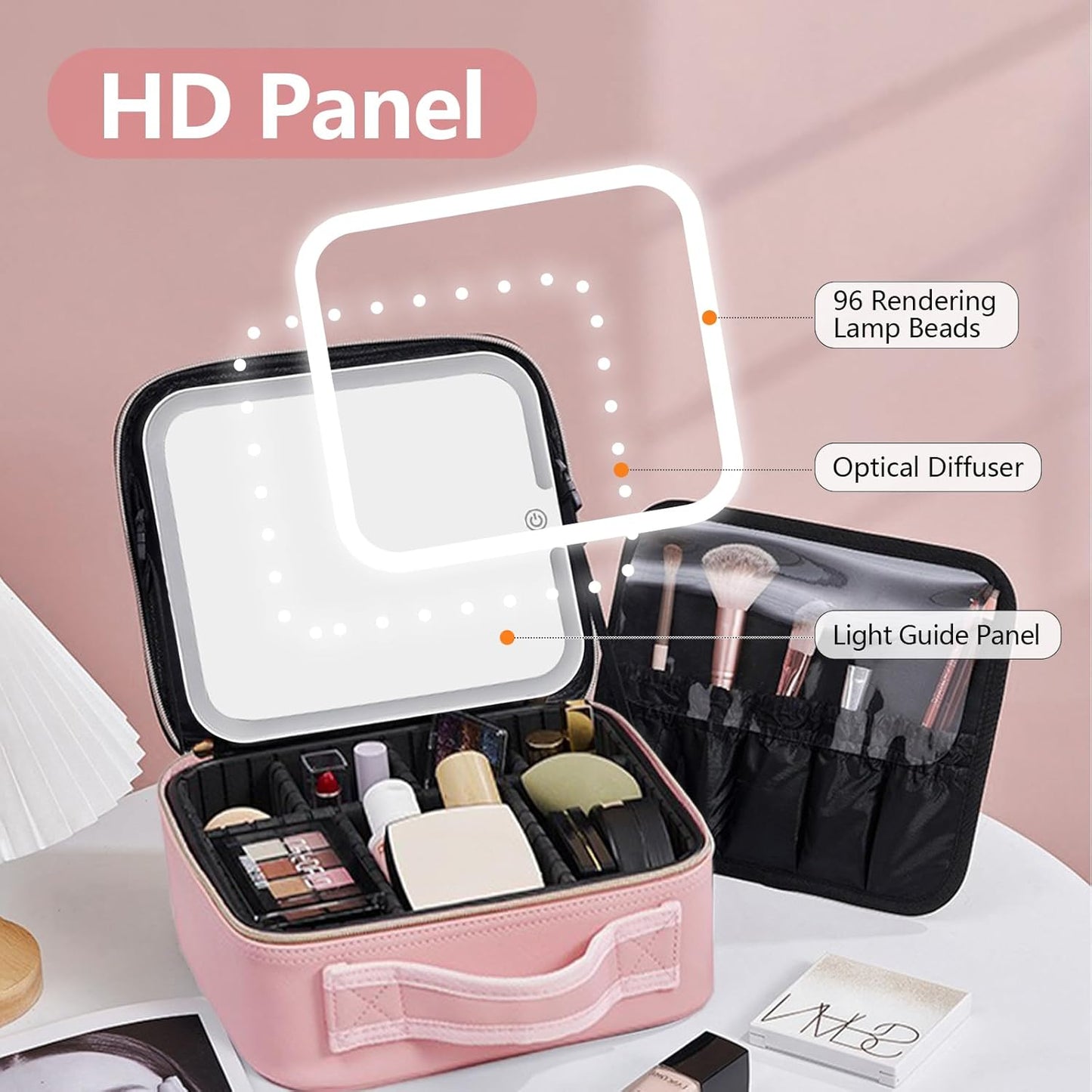 Travel Makeup Bag with LED Mirror, Cosmetic Train Case with Light up Mirror, Portable Makeup Artist Organizer Bag with Adjustable Dividers, Makeup Brush Holder Storage