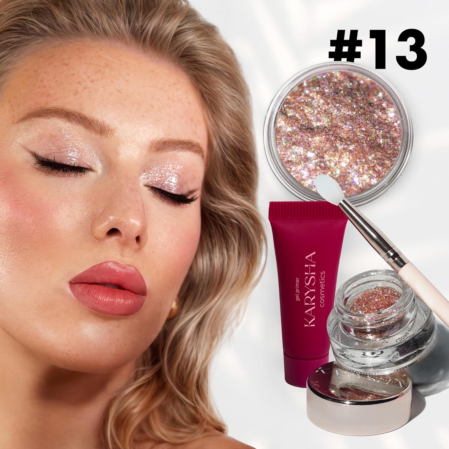 Organic Mineral Loose Eye Shadow, Glitter, Shimmer, Super Radient Beige Shade #13 & Long Lasting Gel Primer Perfect Base for Vibrant and Crease-Free Eye Makeup, Free Silicone Makeup Brush