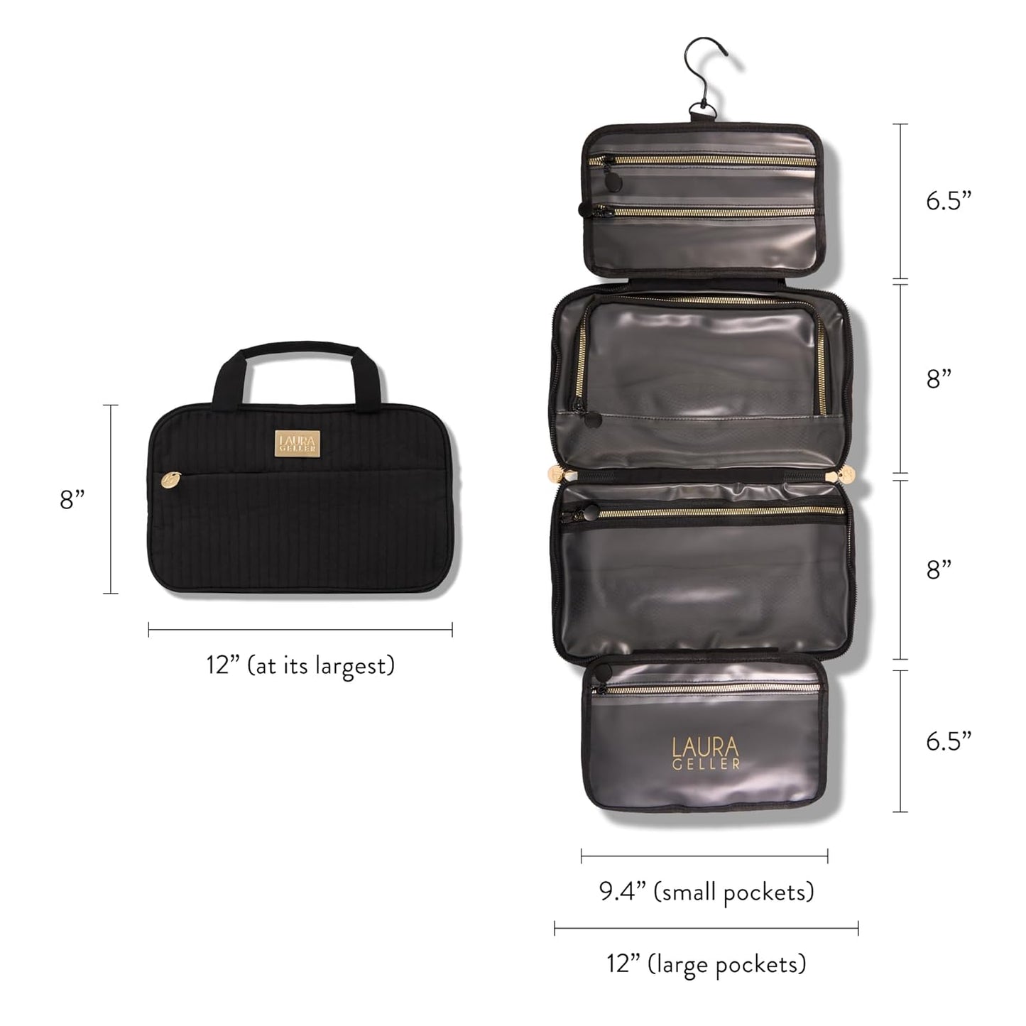 Quilted Folding Travel Makeup Bag, Black - Hanging Toiletry Bag Organizer for Travel - Large Capacity Full Size Makeup Bag - Easy to Clean