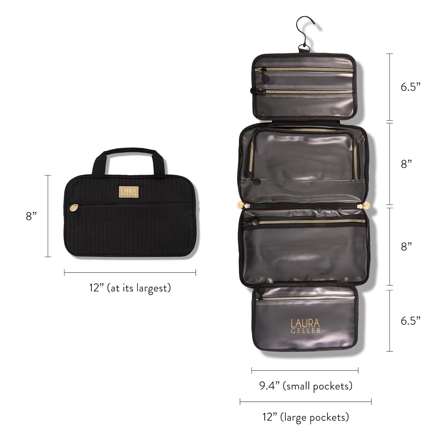 Quilted Folding Travel Makeup Bag, Black - Hanging Toiletry Bag Organizer for Travel - Large Capacity Full Size Makeup Bag - Easy to Clean
