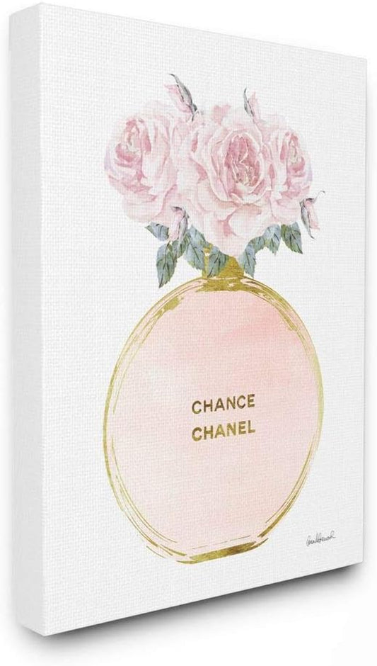 Pink and Gold round Perfume Bottle with Roses Canvas Wall Art, 16 X 20, Design by Artist Amanda Greenwood