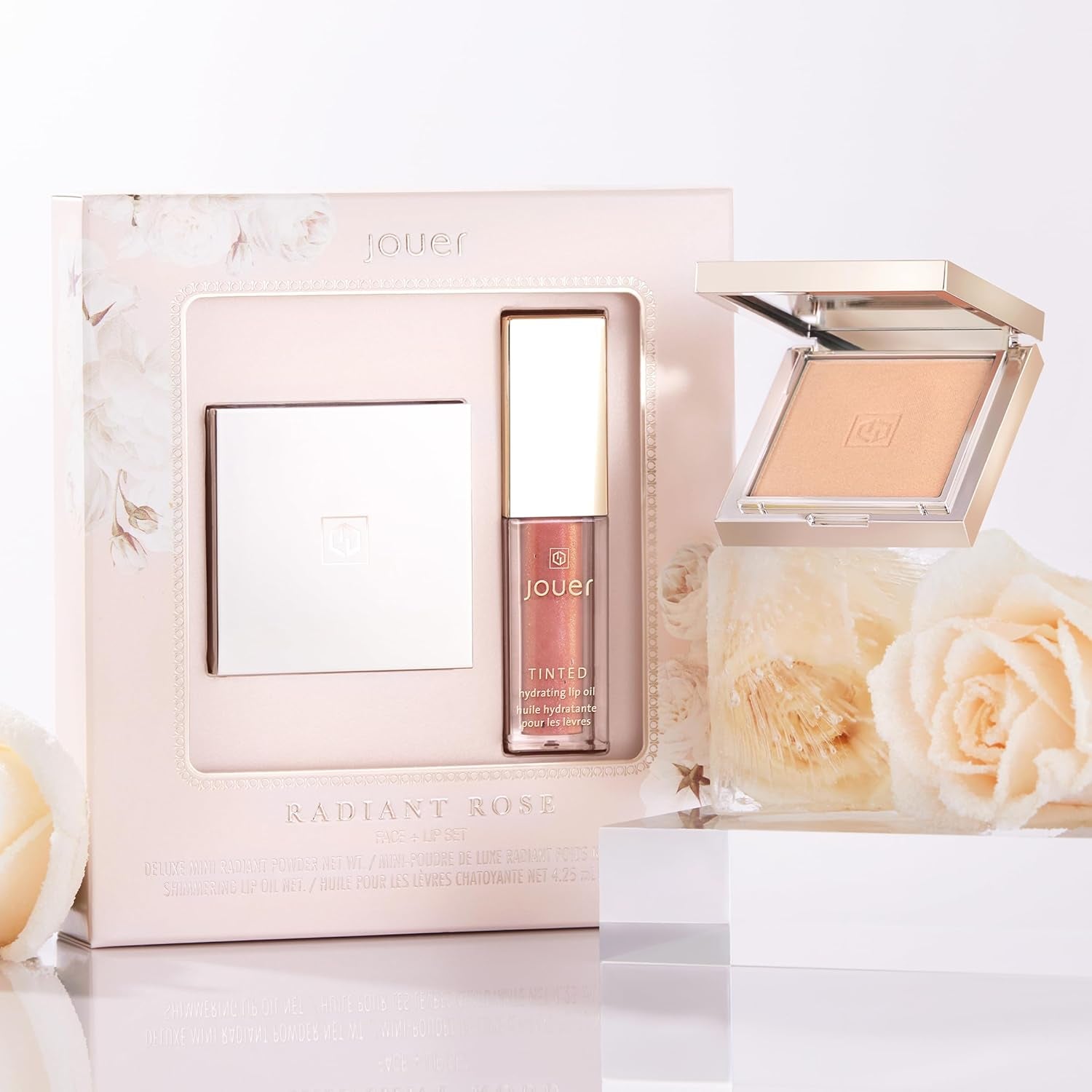 Radiant Rose Face + Lip Set, Translucent Setting Powder & Shimmer Lip Oil - Blurring Powder - Hydrating Lip Oil - Set Face Makeup