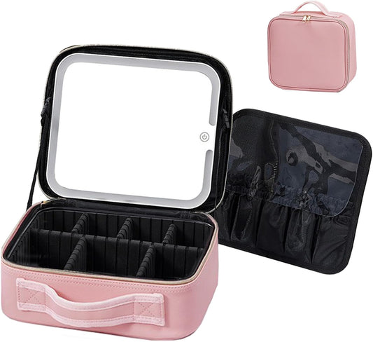 Travel Makeup Bag with LED Mirror, Cosmetic Train Case with Light up Mirror, Portable Makeup Artist Organizer Bag with Adjustable Dividers, Makeup Brush Holder Storage